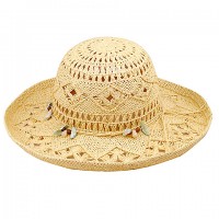 Wide Brim Crochet Toyo Straw Accent w/ Beaded Band - Natural - HT-8202NT